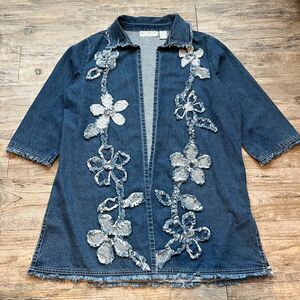 Floral Embroidered Denim Jacket Vintage 90s Cardigan Bleu Bayou Large Patch